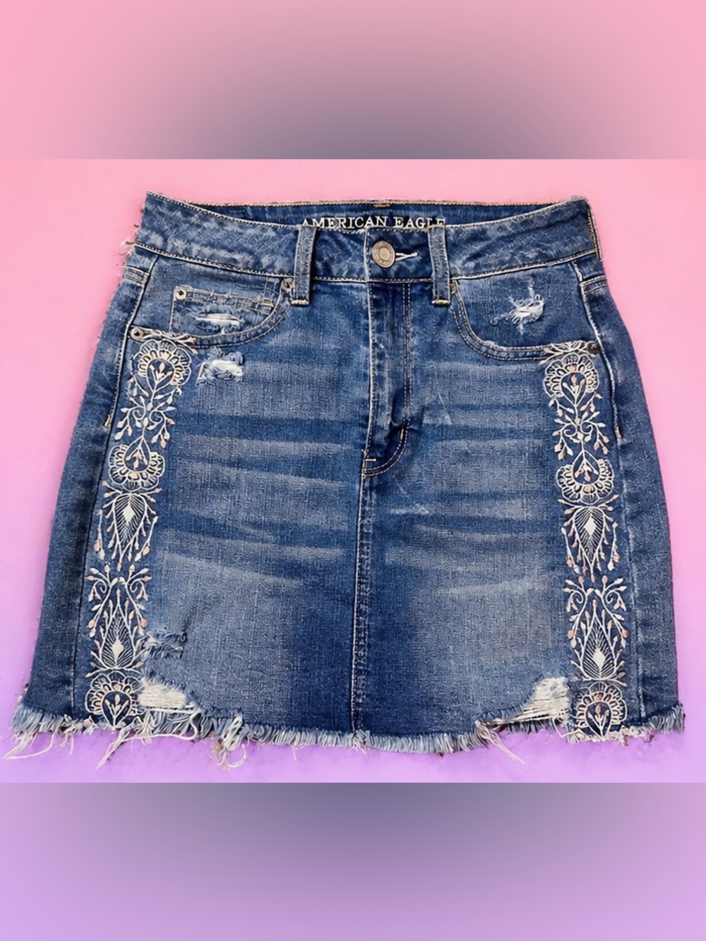 American Eagle Embroidered Denim Mini Skirt - Blue